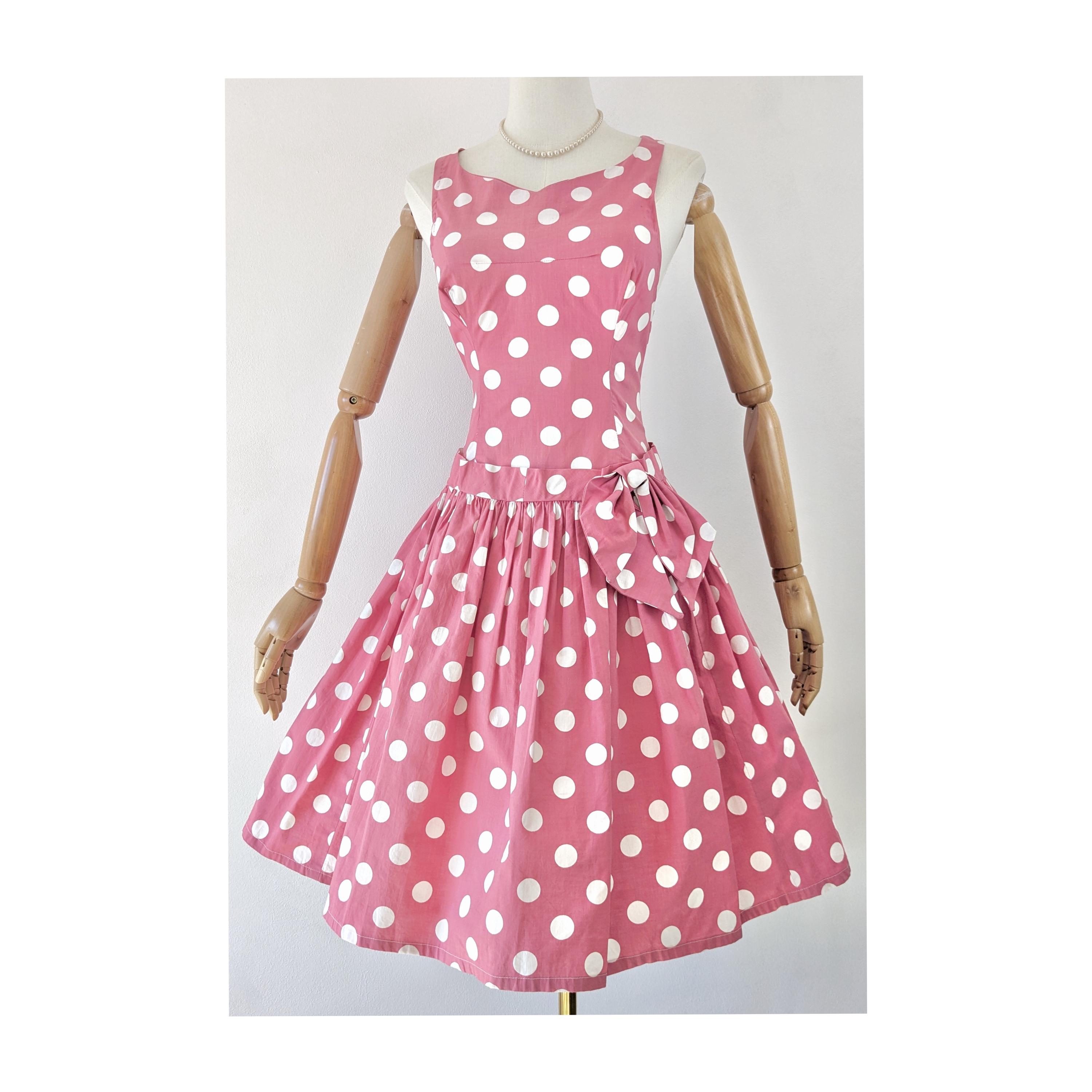 1950s Pink and White Polka Dot Fit and Flare Cotton Dress With Bow
