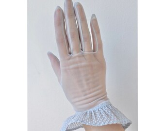 Darling Baby Blue Ruffle Cuff 1950s Sheer Nylon Gloves * 1950s Sheer Blue Gloves * Light Blue Vintage Gloves * Blue Ruffle Gloves *