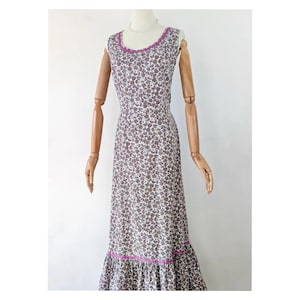 1970s Purple Paisley Print Maxi Dress * 1970s Romantic Ruffle Hem Maxi Dress * Vintage 1970s Purple White Dress * Vintage Paisley Dress