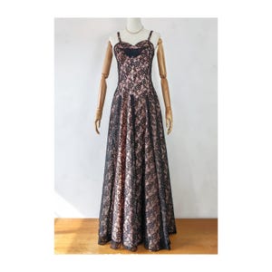1950s Vintage Pink & Black Lace Floor Length Ball Gown Evening Party Dress * 1950s Prom Dress * Vintage Black Lace Black Tie Wedding Dress