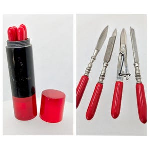 Set da manicure rosso anni &#39;30 * Set da manicure in plastica Art Déco vintage anni &#39;30 per borsetta o viaggio * Set da toeletta Art Déco vintage