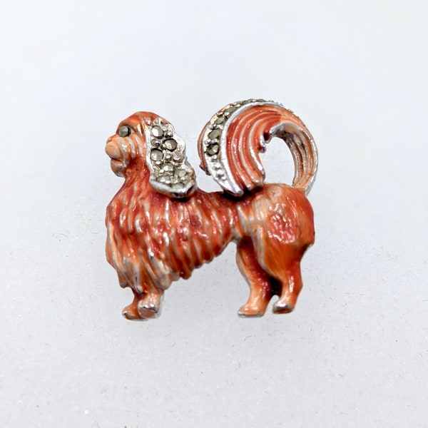 broche en émail pékinois vintage avec détail marcassite * broche chien vintage * cadeau chien pékinois * broche chien Mid-Century