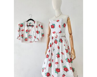 1980s Red Rose and Polka Dot Fit and Flare Dress with Matching Belt and Bolero * 1980s does 1950s Summer Dress * Strapless Floral Sun Dress