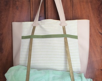 Beige and green striped tote bag, beach bag, yoga bag