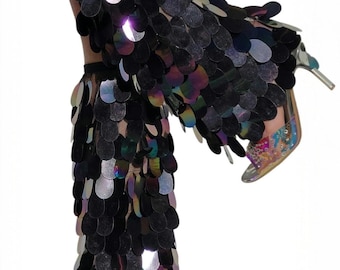 Iridescent black sequined boot covers, or rave leg warmers, or fluffies