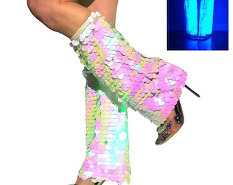 Iridescent white sequined boot covers, or rave leg warmers, or fluffies