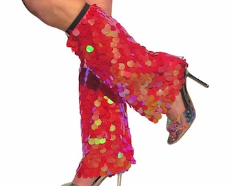 Iridescent red sequined boot covers, or  rave leg warmers, or fluffies