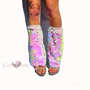 Iridescent white sequined rave leg warmers