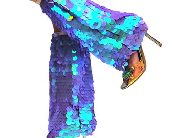 Iridescent purple sequined boot covers, or rave leg warmers, or fluffies