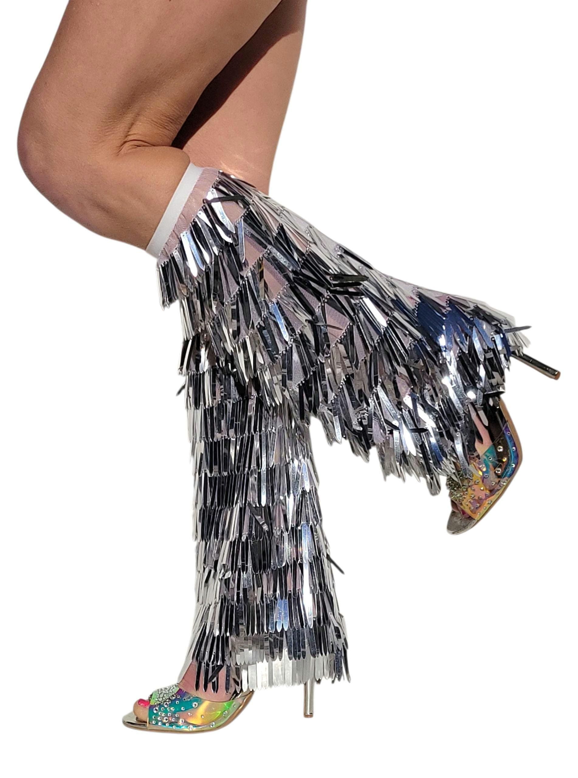 Cowboy Silver fringe sequined boot covers or rave leg warmers