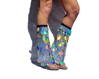 Holographic silver sequined rave leg warmers