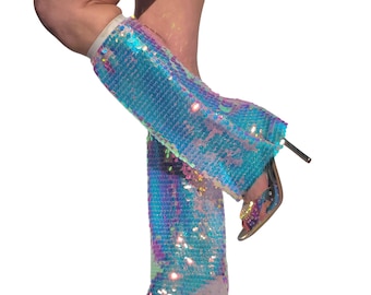 Iridescent sequined boot covers, or rave leg warmers, or fluffies