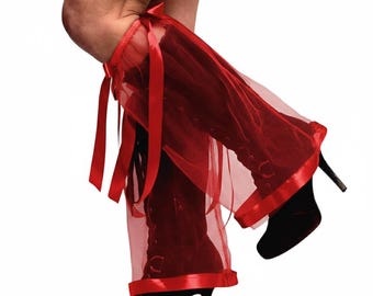 Red mesh lace boot covers, or rave leg warmers, or fluffies