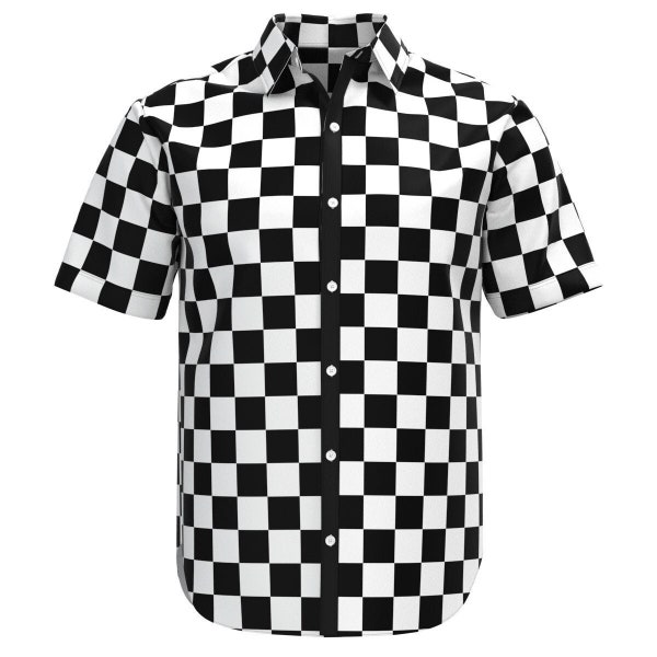 Black & White Checkered Box Check Pattern Men's Button Shirt Collar Short Sleeve