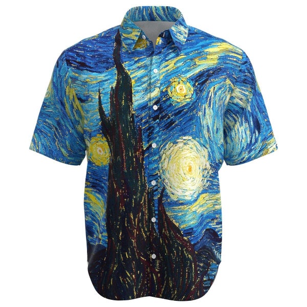 Van Gogh De Sterrennacht Schilderij Fine Art Heren Button Shirt Kraag Korte Mouw