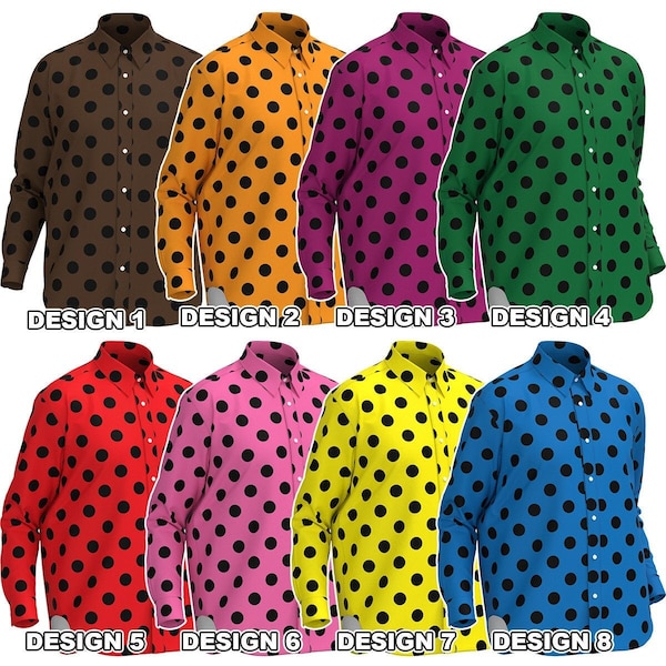 Manches longues à pois marron rouge bleu vert orange violet rose jaune noir à pois motif hommes femmes bouton col de chemise personnalisé