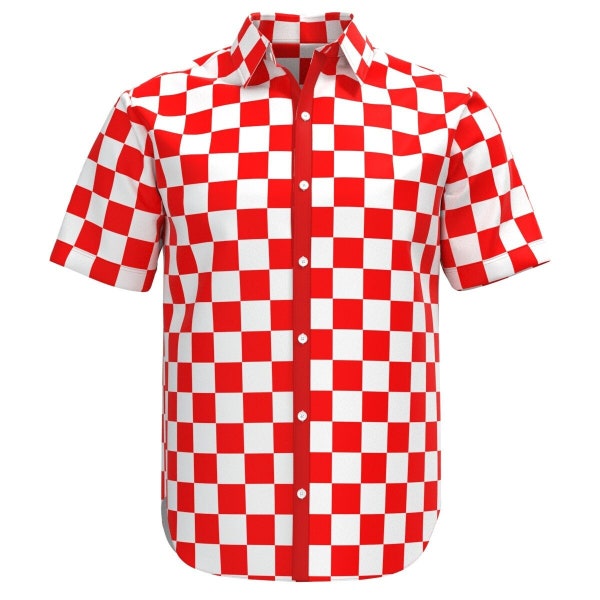 Red & White Checkered Box Check Pattern Men's Button Shirt Collar Short Sleeve