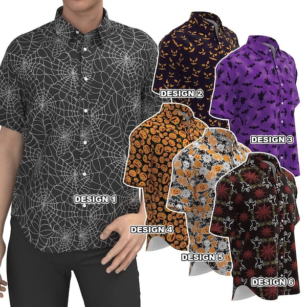 Button Shirt Spider Web Cobweb Bats Ghosts Jack O Lantern Pumpkin Halloween Gothic Scary Pattern Short Sleeve Men Women Costume Cosplay