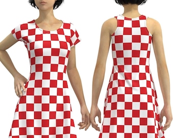 Red & White Checkered Box Check Pattern Dress Short Sleeve Sleeveless