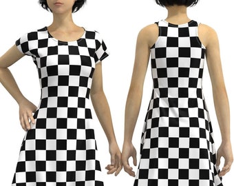 Racing Flag Black White Checker Box Check Race Pattern Short Sleeve Sleeveless Skater Dress