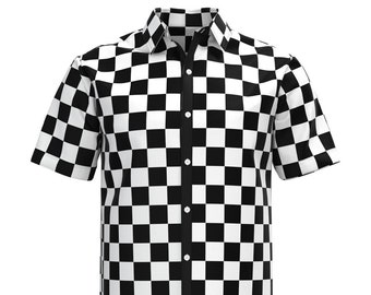 Zwart-wit geruit boxruitpatroon heren overhemdkraag met korte mouwen en knopen