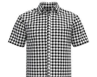 Black & White Houndstooth Pattern Men's Button Shirt Collar Short Sleeve