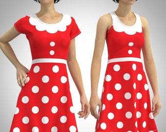 Minnie Mouse Dress Polka Dot Costume Cosplay Disney Park Disneyland Inspired Short Sleeve Sleeveless Fit Flare Skater Dress