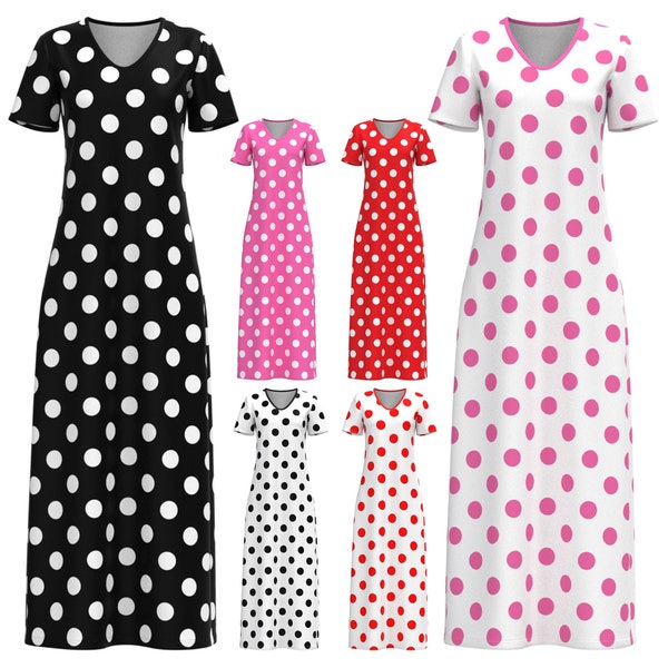 Polka Dot Black Red Pink White Disney Minnie Mouse Disneyland Park Inspired Geometric Pattern Short Sleeve Modest Long Maxi Dress