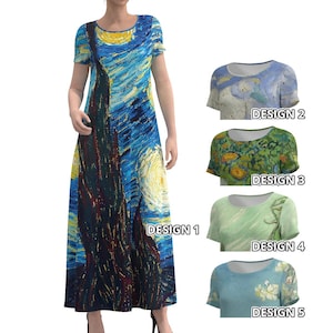 Van Gogh The Starry Night Wheat Field Cypresses Irises Still Life Vase Pink Roses Painting Art Short Sleeve Long Maxi Dress