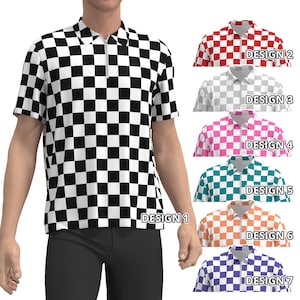 Maglietta polo a maniche corte da uomo e da donna, con motivo a scacchi, a scacchi, in bianco e nero, con bandiera da corsa, rosso, rosa, grigio, viola, corallo, verde acqua