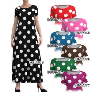 Polka Dot Black White Red Pink Blue Brown Green Purple Geometric Pattern Women Long Maxi Dress Short Sleeve Modest Colorful