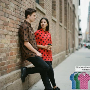 May include: A brown button-up shirt with black polka dots and a red button-up shirt with black polka dots. The shirts are worn by two people standing next to a brick wall. Additional shirt color variations are available.