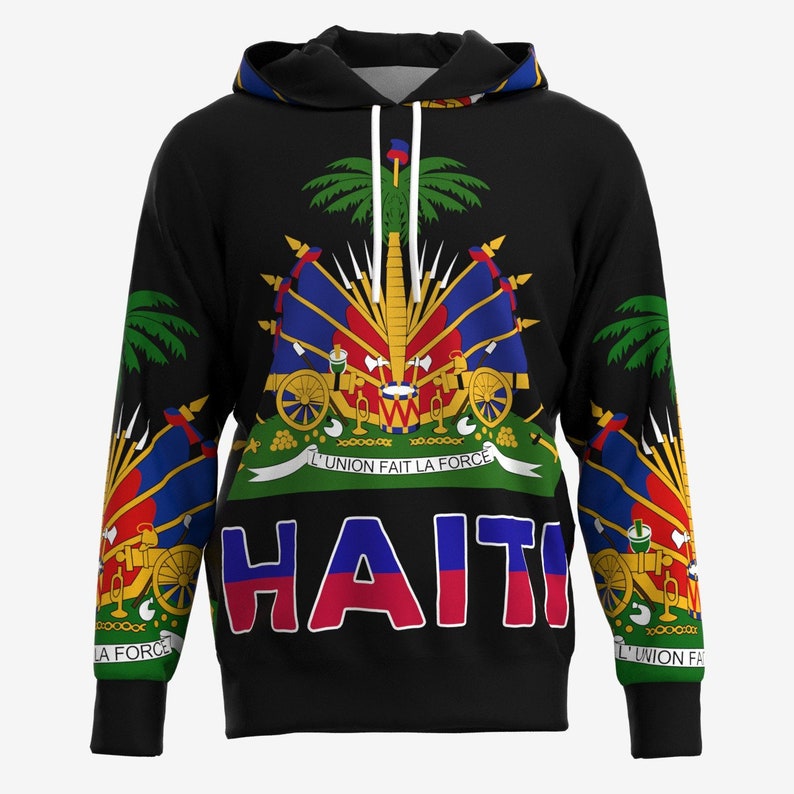 Armoiries d'Haïti Drapeau haïtien Drapeau d'Haïti Créole haïtien Drapo Ayiti L'Union Fait La Force Noir Blanc Sweat-shirt à capuche Black