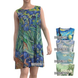Mini-robe imprimée Van Gogh pour femmes, sans manches, iris, nuit étoilée, champ de blé, cyprès, fleurs d&#39;amandier, roses roses, dessin