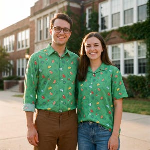 May include: Two people wearing matching green button-down shirts with a colorful science-themed pattern. The shirts feature various lab flasks and beakers in red, yellow, and blue. One shirt has long sleeves, and the other has short sleeves.