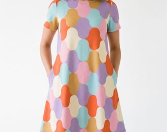 Retro pastelkleurige puzzeljurk met korte mini-jurk in oranje, blauw, bruin en geel, jaren 60/70 patroon, modieuze feestkleding voor dames, plus size, vintage