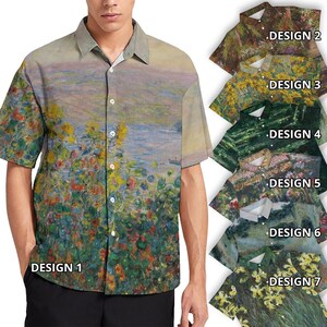 Peut inclure: Chemise à manches courtes avec un motif floral et paysager. La chemise présente une impression colorée de style impressionniste avec une rivière et des fleurs. D'autres chemises avec différents motifs sont affichées à droite.