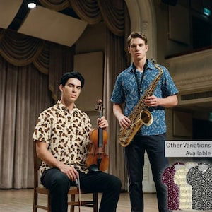 Nuty Instrumenty muzyczne Jazz Rock Retro Skrzypce Gitara Saksofon Tematyczny Wzór Nadruk Guzik Koszula