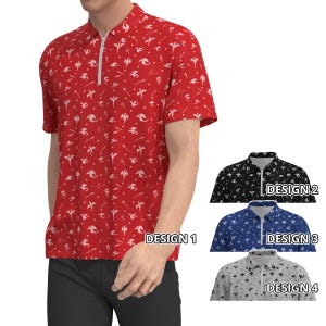 Puede incluir: Cuatro diseños diferentes de una camisa de manga corta con cuello y cierre de cremallera. Los diseños presentan un dragón blanco y otros símbolos sobre un fondo rojo, negro, azul y gris. El texto "DESIGN 1", "DESIGN 2", "DESIGN 3" y "DESIGN 4" se muestra debajo de cada camisa.