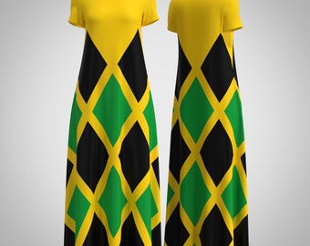 Jamaica The Cross Flag Long Maxi Dress Black Green Gold Yellow Jamaican Pride Modest Women Clothing Jamaica The Cross Flag Long Maxi Dress Black Green Gold Yellow Jamaican Pride Modest Women Clothing