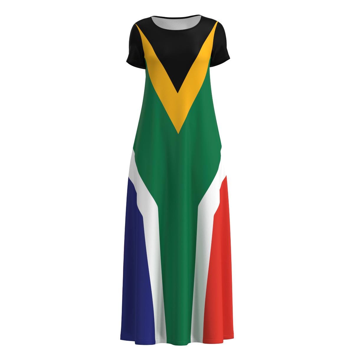 South Africa Flag Inspired African National Country Symbol Green Black White Gold Red Blue Short Sleeve Sleeveless Modest Long Maxi Dress