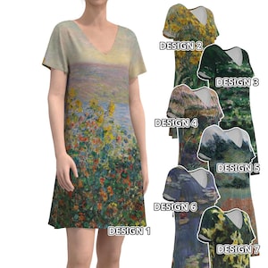 Claude Monet Painting Women Short Sleeve Mini Dress Les Nymphéas Flower Beds Gartenweg Poppy Field Yellow Irises Waterlilies Peony Garden