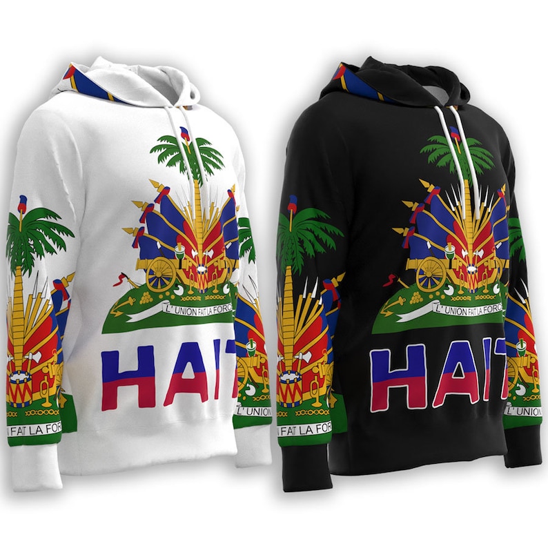 Armoiries d'Haïti Drapeau haïtien Drapeau d'Haïti Créole haïtien Drapo Ayiti L'Union Fait La Force Noir Blanc Sweat-shirt à capuche image 1