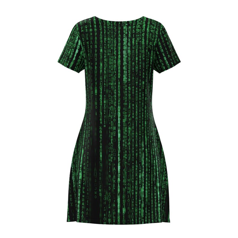 May include: A black and green dress with a pattern of green code on it. The dress has short sleeves and a fitted bodice.
