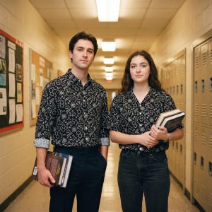Può includere: Due persone sono in un corridoio scolastico, ognuna con dei libri. Indossano camicie nere abbottonate abbinate con un motivo bianco a tema scientifico. Una persona indossa pantaloni scuri, l'altra jeans neri. Il corridoio ha armadietti e bacheche.