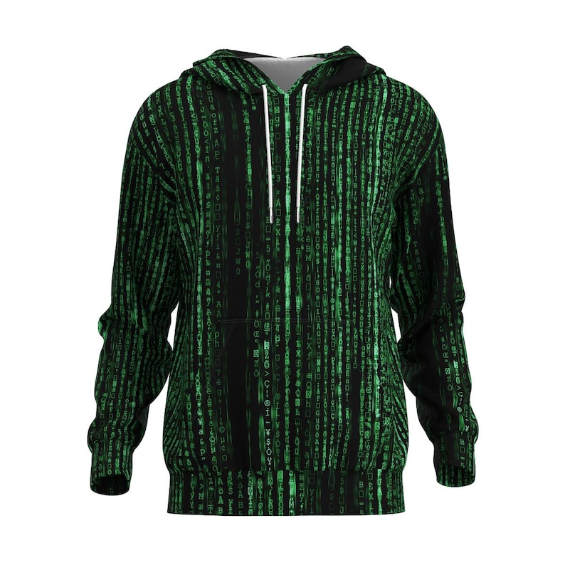 以下が含まれることがあります： 緑色のデジタルレインパターンが施された黒いパーカー。フード付きスウェットシャツは、フロントポケット、白いドローストリング、長袖が特徴です。デザインは映画「マトリックス」のコードに似ています。