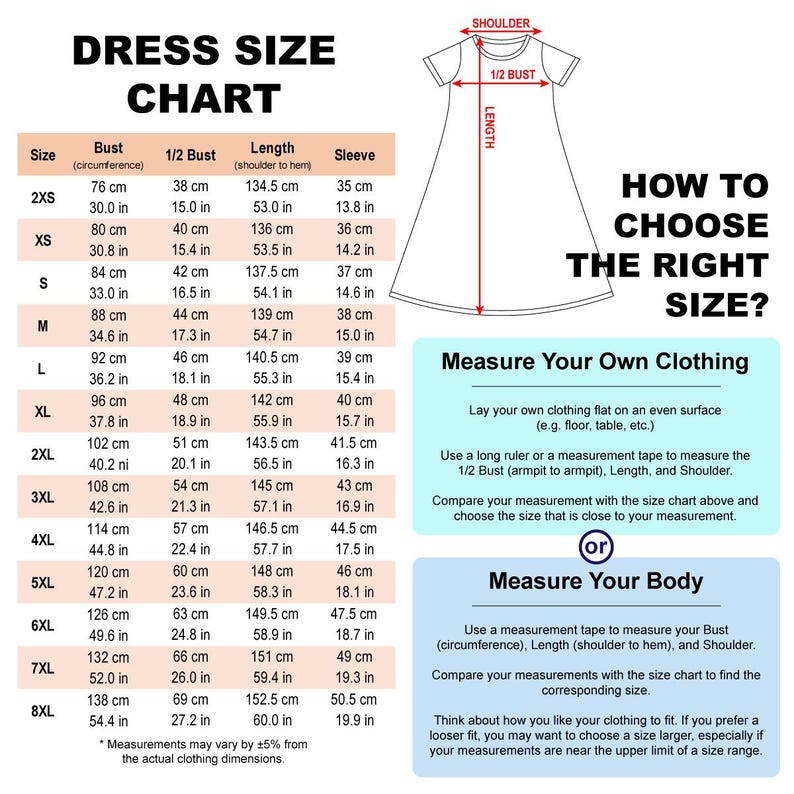 May include: A dress size chart with measurements in centimetres and inches, detailing bust, 1/2 bust, length, and sleeve sizes. Includes guidance on measuring clothing and body for accurate sizing.