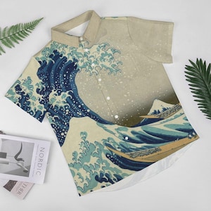 Hokusai Great Wave Off Kanagawa Painting Fine Art Men&#39;s Button Shirt Collar Short Sleeve