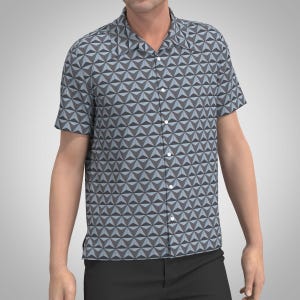 May include: A short-sleeved button-down shirt with a geometric pattern in shades of blue and gray.