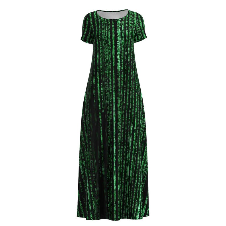 May include: A long black dress with a green digital rain design. The dress has short sleeves and a round neckline. The pattern is reminiscent of the code from "The Matrix" film.
